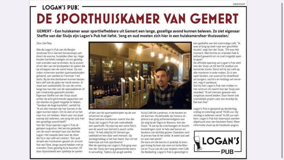 Krantenartikel: Logan's Pub, de sporthuiskamer van Gemert
